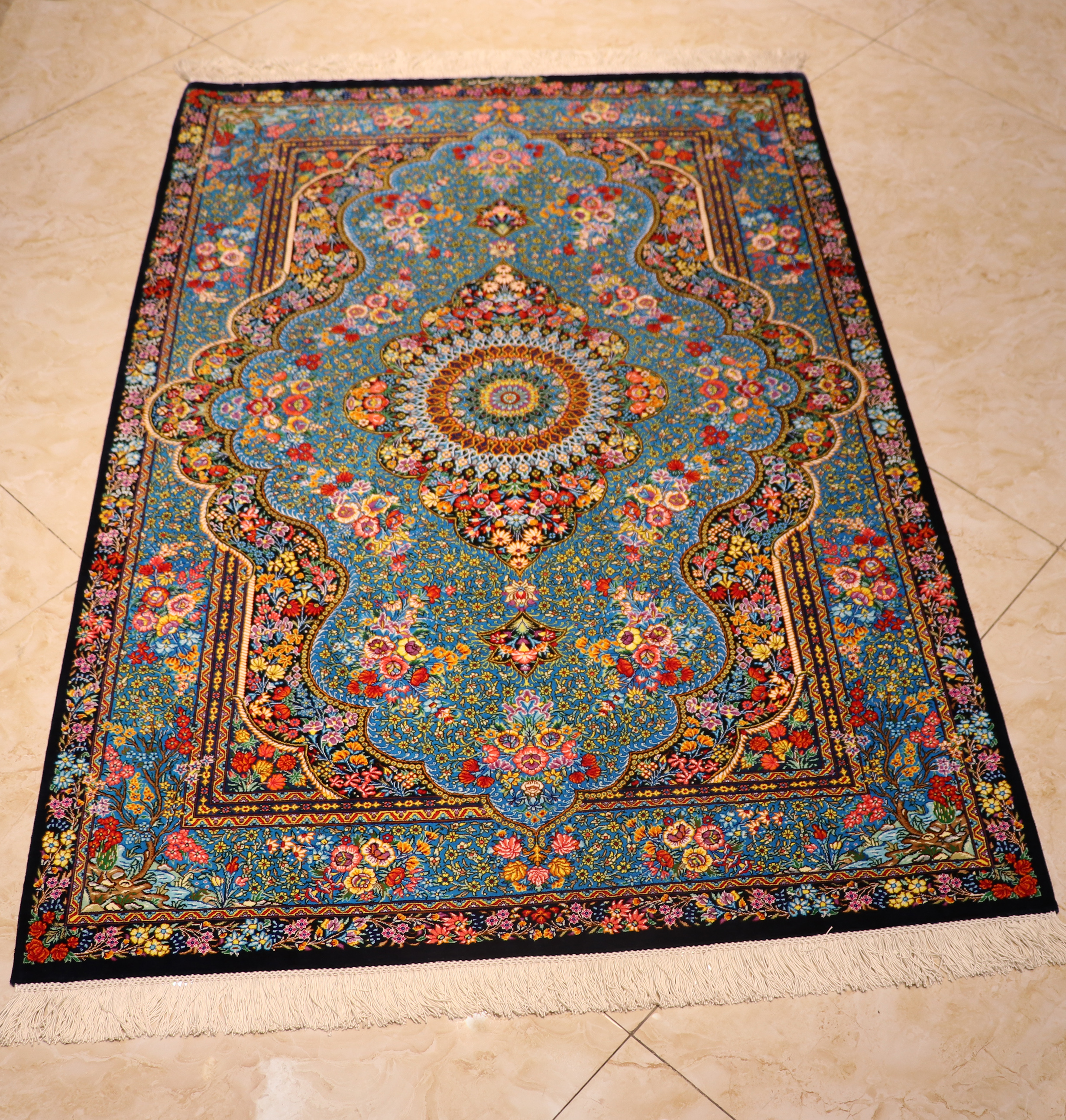Complete Silk Carpet, Lachak Toranj, 150 × 100, Blue, Qom, Iran Taha